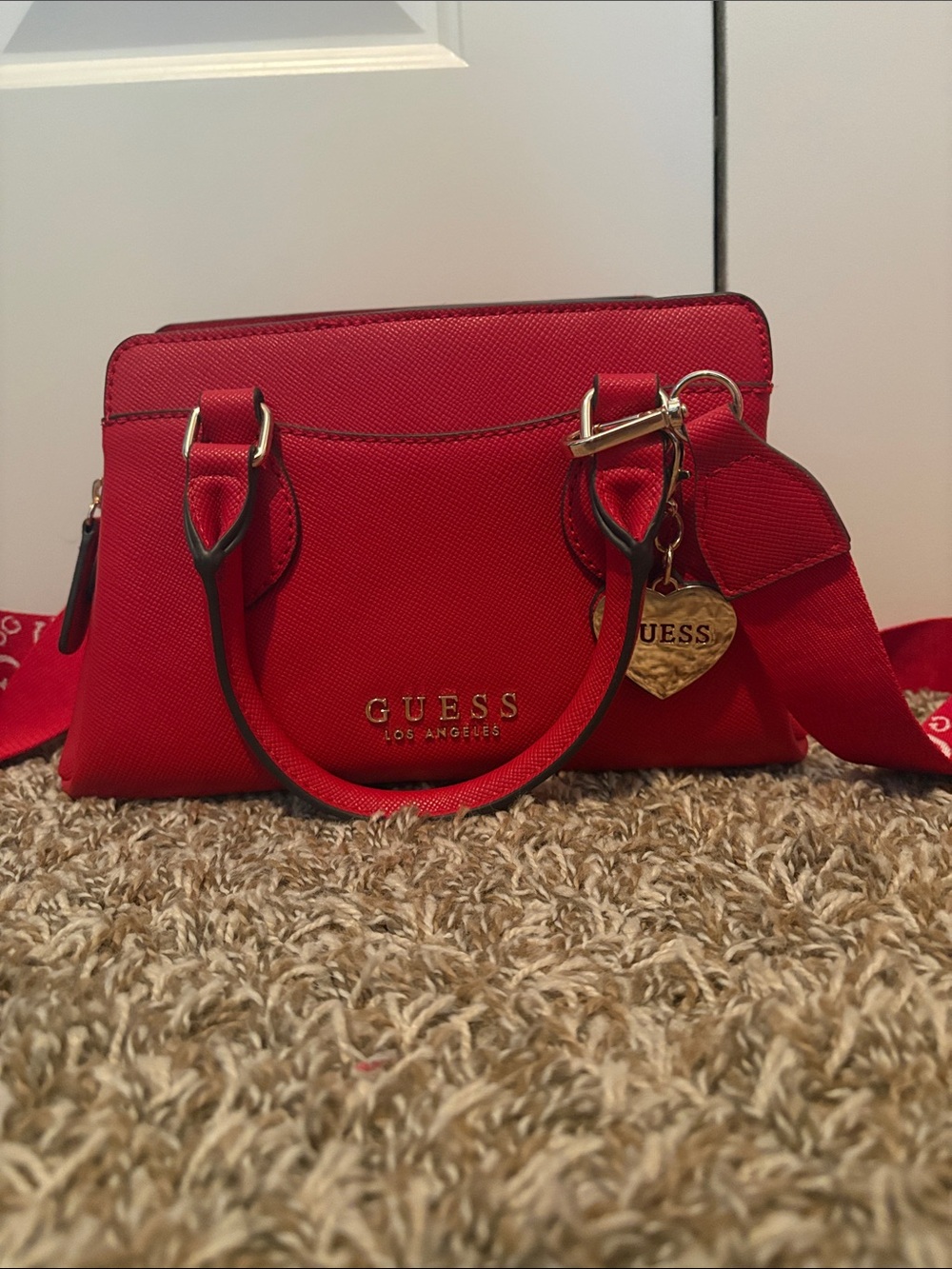 GUESS Red Textured Satchel with Gold Heart Charm